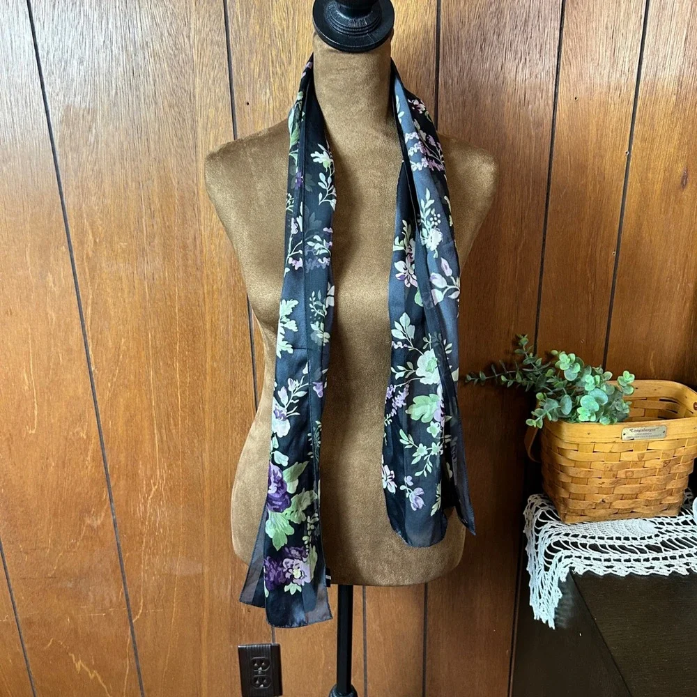 Adrienne Vittadini 100%‎ Silk Black Floral Print Sheer Scarf Shawl Accessory